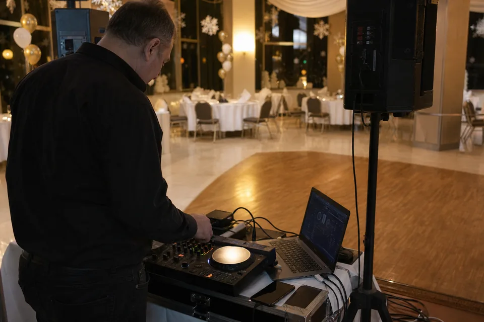 DJ ustawia konsoletę i kolumny przy parkiecie sali bankietowej przed balem
