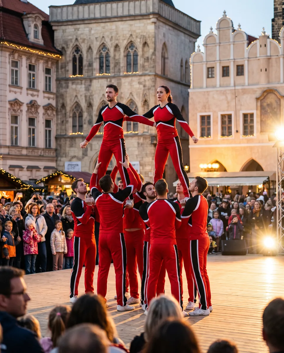 Grupa cheerleaderska z piramidą na placu przed publicznością