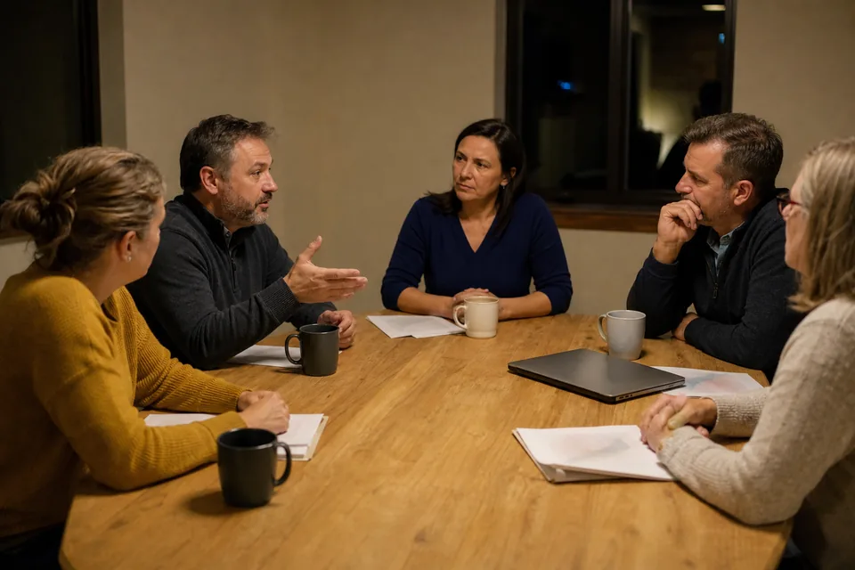 Rodzice z komitetu studniówkowego przy stole omawiają umowy z salą i wykonawcami