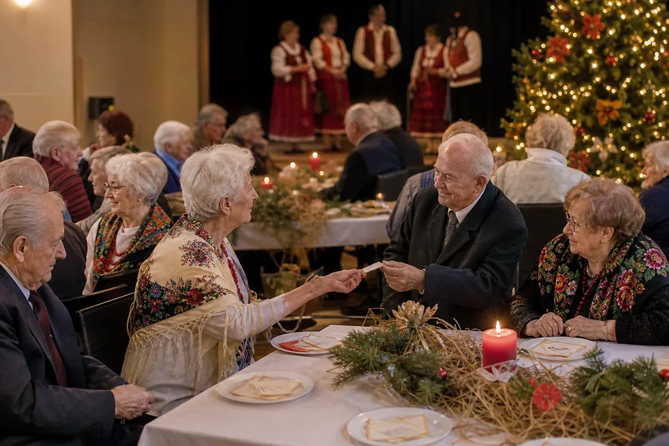 Seniorzy dzielą się opłatkiem przy wigilijnych stołach w sali gminnej, w tle choinka i zespół gotowy do występu